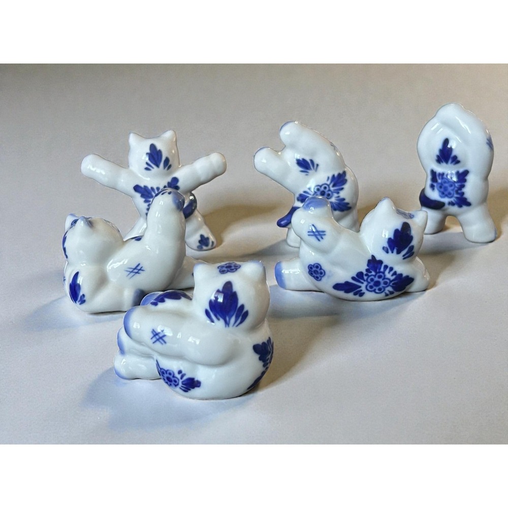Gzhel Vintage‎ Russian Folk Art Porcelain Cats Blue White Figurine Exercise Yoga - Picture 4 of 16